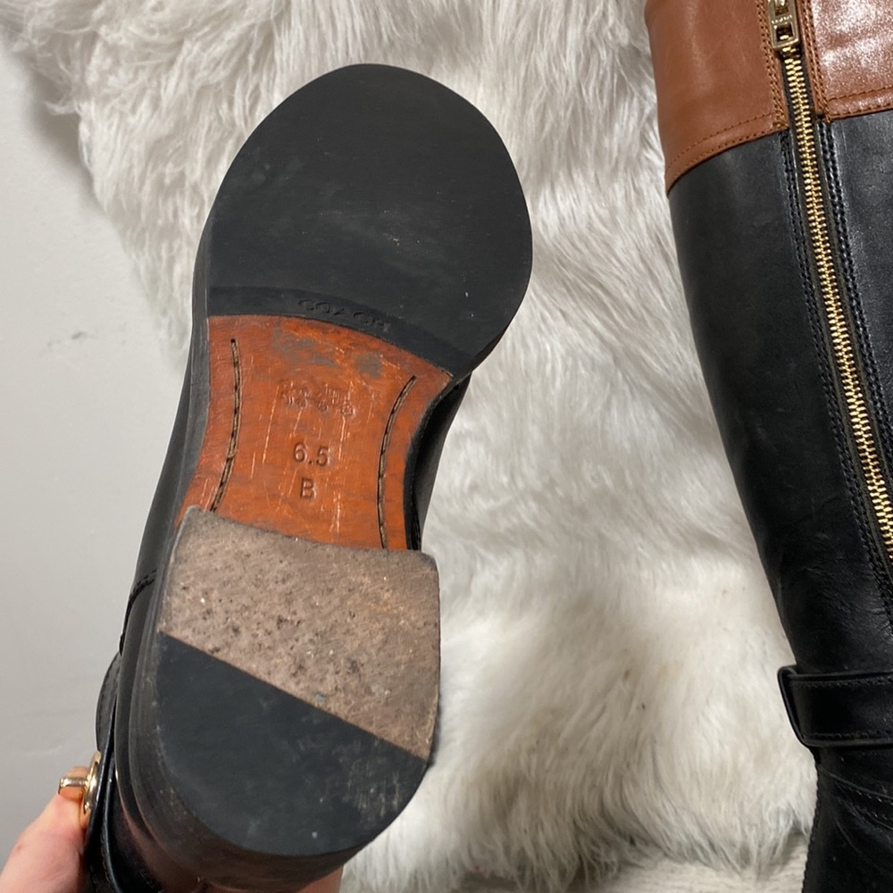 COACH EVA Black Brown Calf Leather Tall Boots 6.5 B Zip Classy 2-tone - Picture 11 of 13